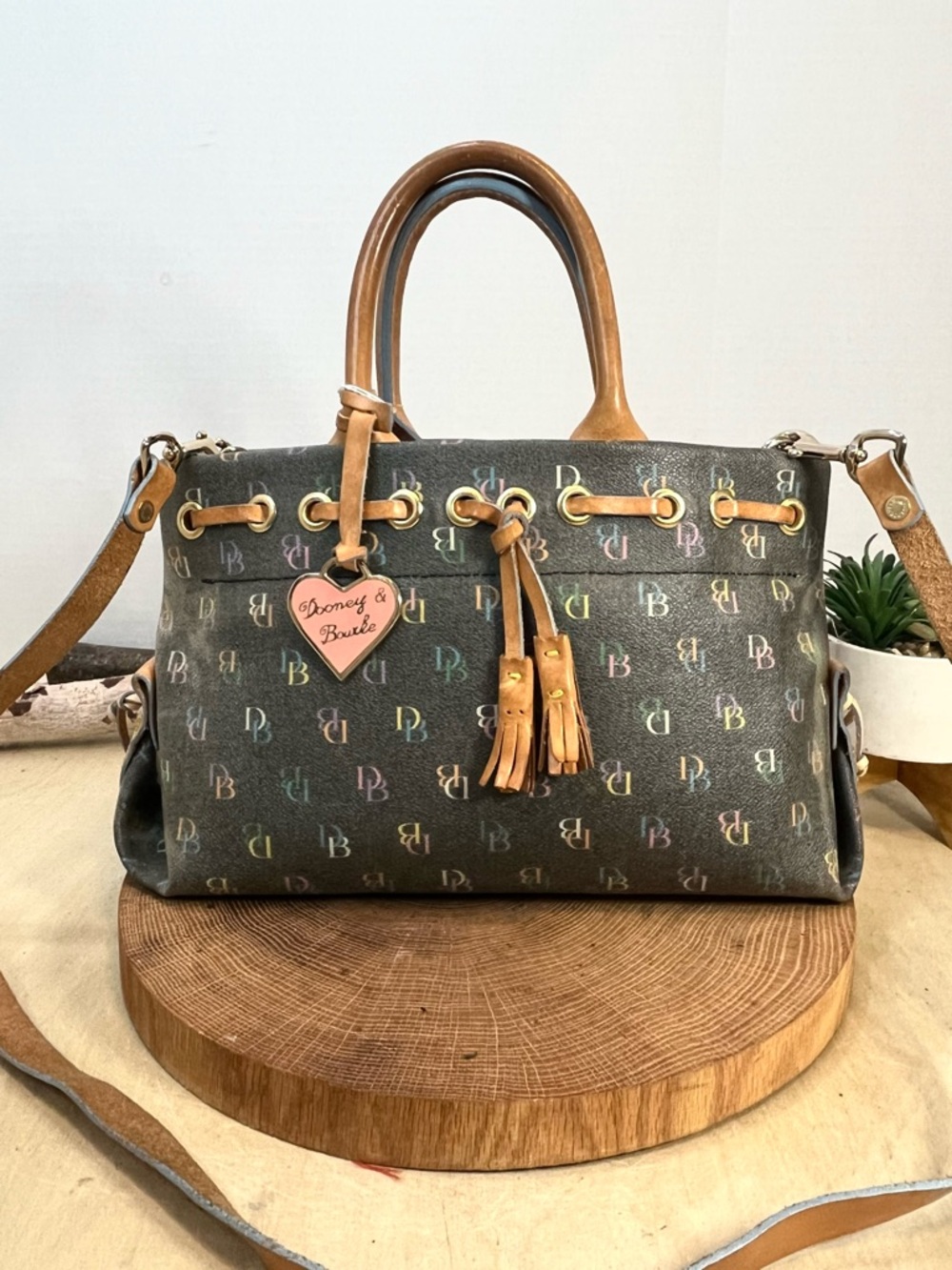 Vintage Dooney & Bourke All Weather Leather Satchel Brown Tan Brass Duck Fob